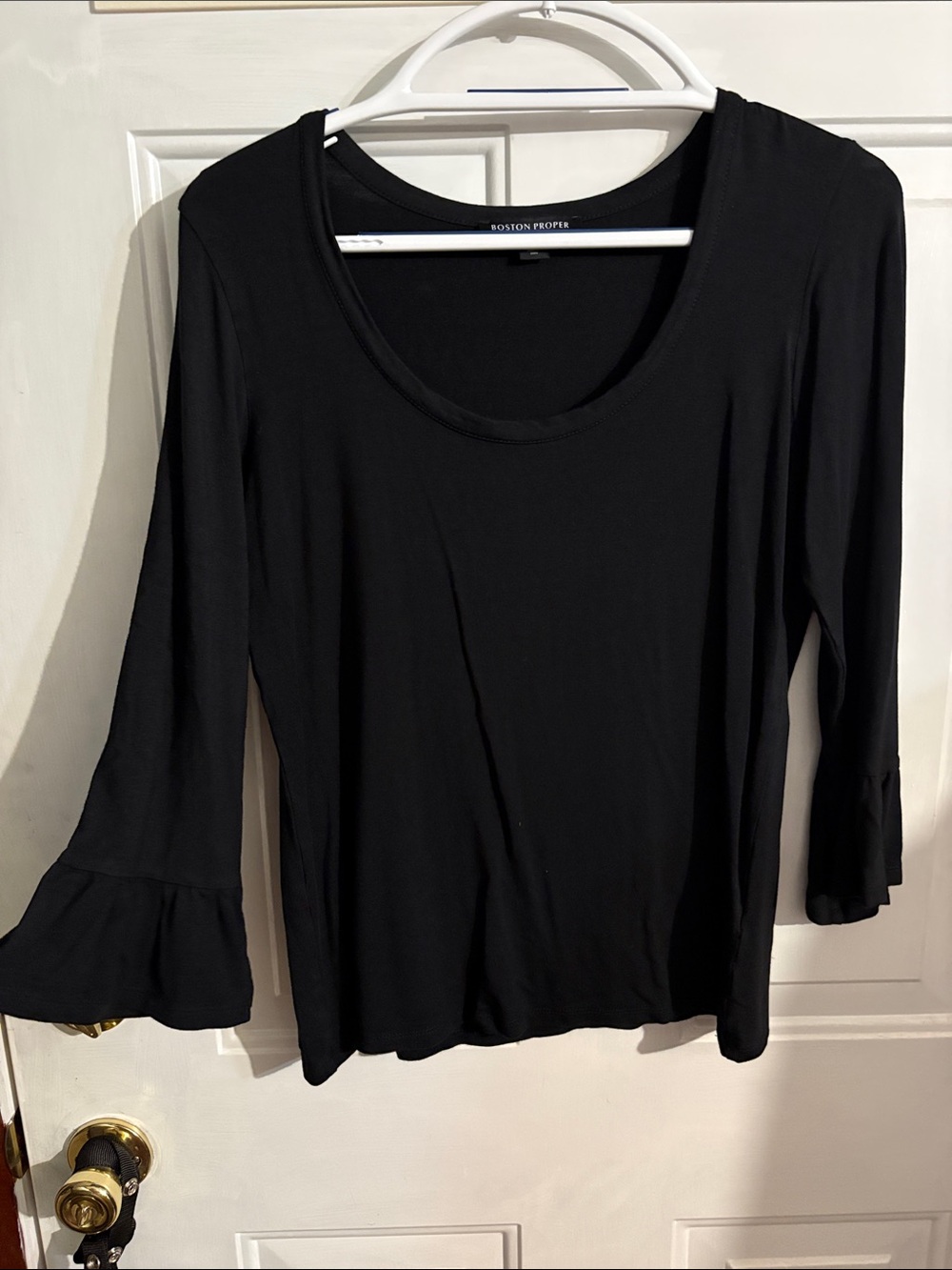 Boston Proper Black Scoop Neck Long Sleeve Top with Ruffle Cuffs
